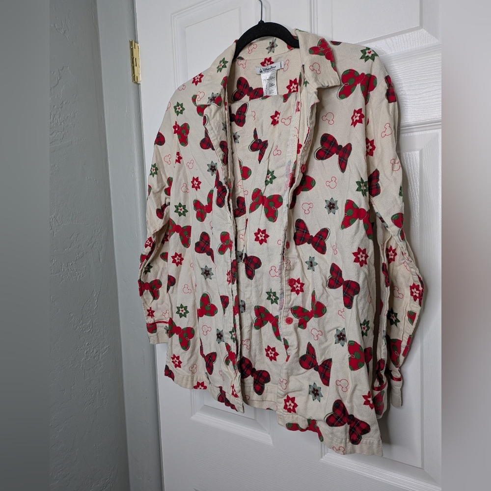 Disney Christmas Minnie MouseCream Pajama Set with Red and Green Bows Medium - Picture 3 of 4